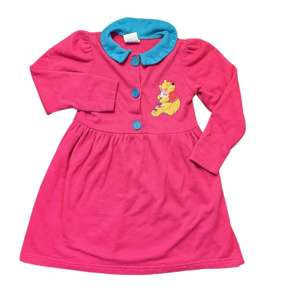 VTG Disney Winnie The Pooh Piglet girls Dress 6 Pink Big Buttons Y2K 5 USA 90s